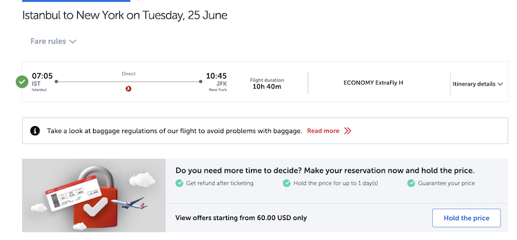 turkish airlines close in hold option